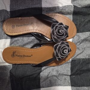 Pierre Dumas Black Floral Zip-Trim Slide Sandals with Tan Footbed